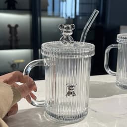 Ly thủy tinh giữ nhiệt hình gấu bearbrick 400ml, cốc uống trà cà phê có nắp đậy tặng kèm ống hút xinh xắn 7