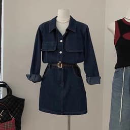Đầm dáng chữ A jeans cổ sơ mi túi hộp kèm đai eo, váy jeans phong cách hàn quốc có bigsize 1
