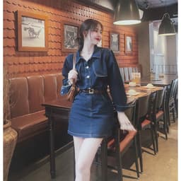 Đầm dáng chữ A jeans cổ sơ mi túi hộp kèm đai eo, váy jeans phong cách hàn quốc có bigsize 4