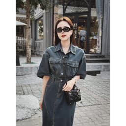 Đầm jeans dáng dài lưng cao cài nút, đầm jean xẻ tà trước có lưng chun phong cách hàn quốc 2