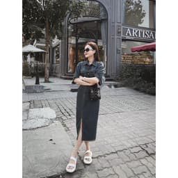 Đầm jeans dáng dài lưng cao cài nút, đầm jean xẻ tà trước có lưng chun phong cách hàn quốc 1