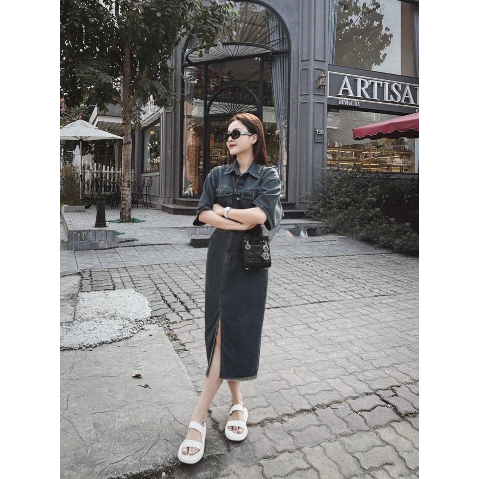 Đầm jeans dáng dài lưng cao cài nút, đầm jean xẻ tà trước có lưng chun phong cách hàn quốc