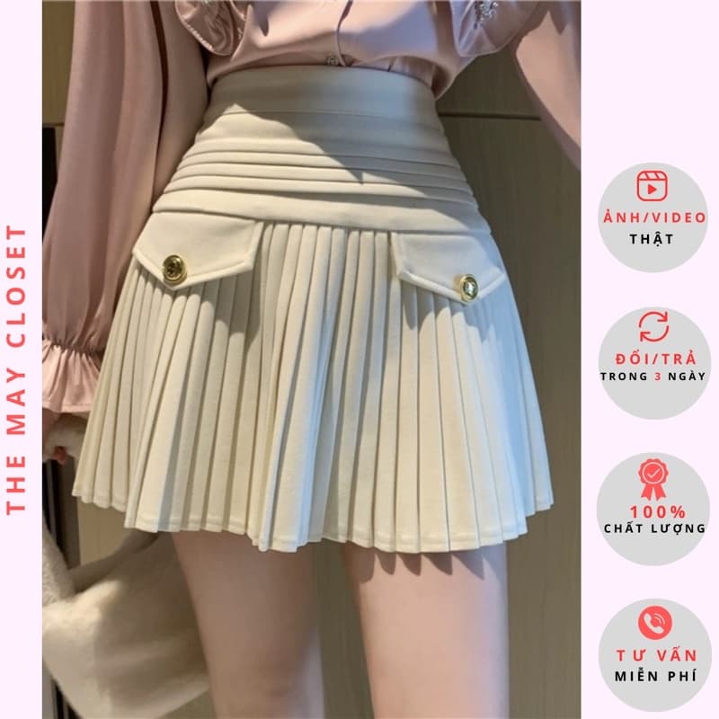 [𝑻𝒉𝒆𝑴𝒂𝒚 x 𝐐𝐂𝐂𝐂] Chân Váy Dạ Xếp Ly Ngắn Chữ A Cạp Cao 2 Lớp Có Lót Quần Hàng Quảng Châu Cao Cấp Nữ