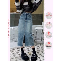 𝑨𝒏𝒏 𝑺𝒕𝒖𝒅𝒊𝒐 [SẴN]  Chân Váy Bò Dài Xẻ Trước Lưng Cao Y2K Cao Cấp, Chất Jean Dày Đẹp Dáng Suông Màu Xanh Retro 1