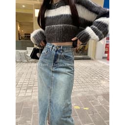 𝑨𝒏𝒏 𝑺𝒕𝒖𝒅𝒊𝒐 [SẴN]  Chân Váy Bò Dài Xẻ Trước Lưng Cao Y2K Cao Cấp, Chất Jean Dày Đẹp Dáng Suông Màu Xanh Retro 2