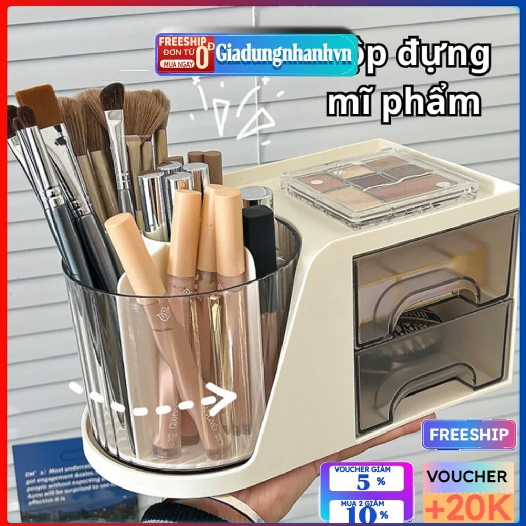 VINBEO Hộp đựng mỹ phẩm,Kệ đựng mỹ phẩm, hộp đựng bút đa năng có kèm ống đựng xoay 360 độ tiện dụng ANHI004
