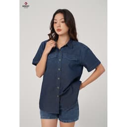 Áo Sơ Mi Cộc Tay Unisex Genviet vải Jeans Thời Trang Suôn 8572 2