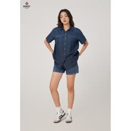 Áo Sơ Mi Cộc Tay Unisex Genviet vải Jeans Thời Trang Suôn 8572 5