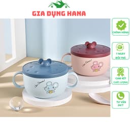Bát ăn cơm, cháo, pha mì,ăn dặm 2 lớp ruột inox kèm thìa và nắp đậy. Bát ăn hình chuột Mickey đáng yêu có 2 tay cầm_M263 1