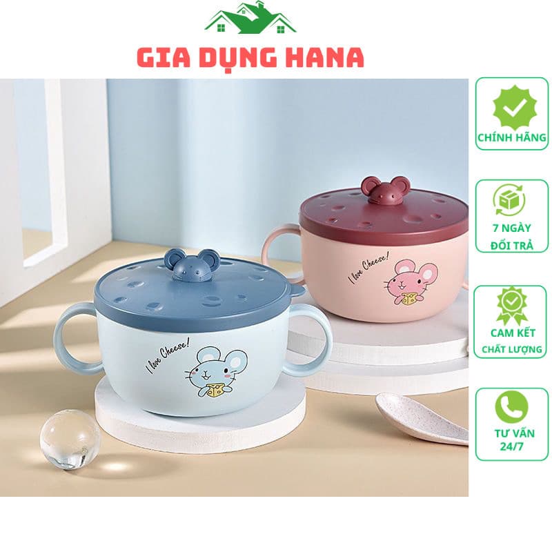 Bát ăn cơm, cháo, pha mì,ăn dặm 2 lớp ruột inox kèm thìa và nắp đậy. Bát ăn hình chuột Mickey đáng yêu có 2 tay cầm_M263