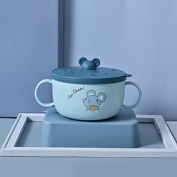 Bát ăn cơm, cháo, pha mì,ăn dặm 2 lớp ruột inox kèm thìa và nắp đậy. Bát ăn hình chuột Mickey đáng yêu có 2 tay cầm_M263 4