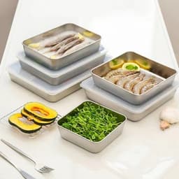 Combo 5 hộp đựng thực phẩm inox 304 cỡ lớn, Khay inox đựng thực phẩm lạnh có kèm nắp đậy 3