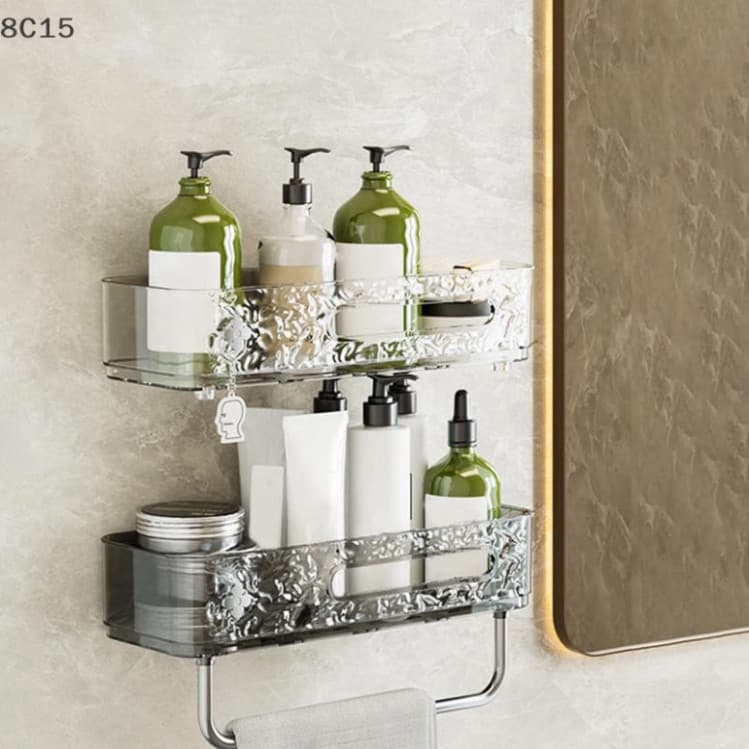 Kệ để đồ nhà tắm, nhà vệ sinh dán tường trong suốt kèm thanh treo cao cấp FT201 GDTA