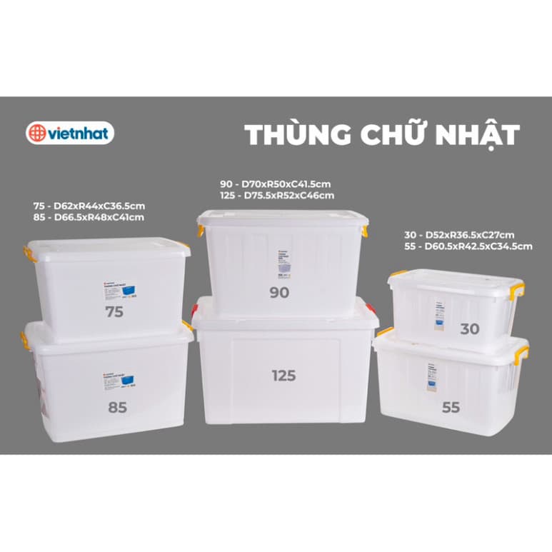 Hàng Chính Hãng Thùng Nhựa Có Bánh Xe Việt Nhật Các Cỡ 90L(70x50x41), Thùng 125L (75x52x46cm)