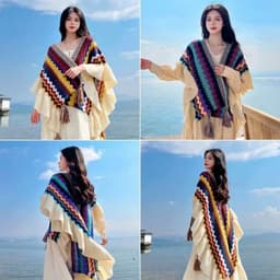 Khăn len thổ cẩm viền bèo xinh xắn cho nữ, Áo choàng thổ cẩm dễ phối đồ, phù hợp đi du lịch Đà Lạt, Sâp 4