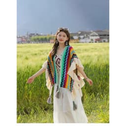Khăn len thổ cẩm viền bèo xinh xắn cho nữ, Áo choàng thổ cẩm dễ phối đồ, phù hợp đi du lịch Đà Lạt, Sâp 6