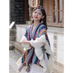 Khăn len thổ cẩm viền bèo xinh xắn cho nữ, Áo choàng thổ cẩm dễ phối đồ, phù hợp đi du lịch Đà Lạt, Sâp 7