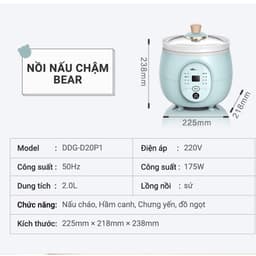 Nồi Nấu Chậm Bear DDG-D20P1, 2Lit - 175W, 8 Chế Độ Nấu, Lòng Gốm Sứ, Hẹn Giờ Giữ Ấm 9.5H, Hàng Chính Hãng 6