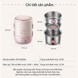 HỘP CƠM ĐIỆN BEAR DFH-B20S6, 2Lit - 270W, 3 KHAY INOX 304, HẸN GIỜ, HÂM NÓNG & HẤP TRỨNG 2