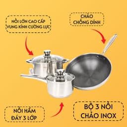 Bộ nồi Inox 3 món cao cấp sang trọng, chất liệu inox 304 không gỉ, đáy nồi 3 lớp đúc nguyên khối SH-358 2