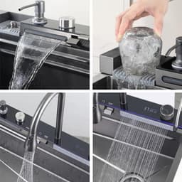Chậu Rửa Bát 1 Hố Cao Cấp Hato Hiển Thị Nhiệt Độ, Bồn Rửa Bát 1 Ngăn Phủ Nano , Kèm Vòi Lọc Nước, Thác Nước, Vòi Xịt 3