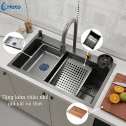 Chậu Rửa Bát 1 Hố Hato INOX SUS304 Cao Cấp Phủ Nano, Bồn Rửa Chén 1 Ngăn Lớn Kèm Vòi Thác Nước,Thớt, Khay Rửa, Xiphong 5