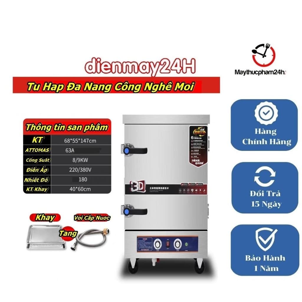 Tủ hấp công nghiệp đa năng 4-24 khay, 220v/380v - lý tưởng cho nhà hàng, căng tin, bếp khu công nghiệp.