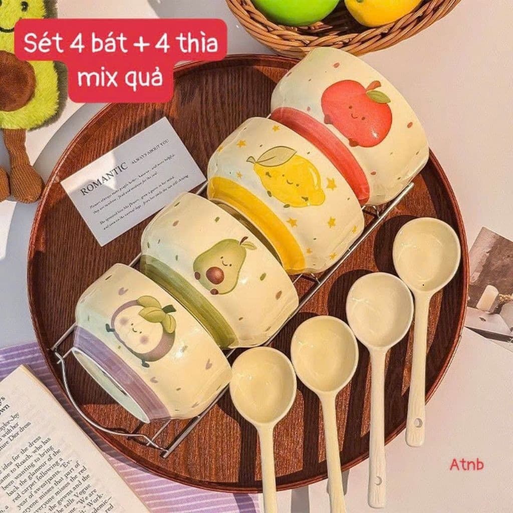 Set 4 bát kèm 4 thìa chất liệu gốm sứ cao cấp họa tiết hoa quả bánh ngọt siêu xinh miễn phí vận chuyển