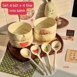 Set 4 bát kèm 4 thìa chất liệu gốm sứ cao cấp họa tiết hoa quả bánh ngọt siêu xinh miễn phí vận chuyển 5