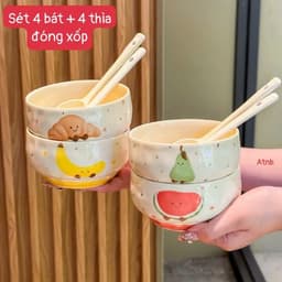 Set 4 bát kèm 4 thìa chất liệu gốm sứ cao cấp họa tiết hoa quả bánh ngọt siêu xinh miễn phí vận chuyển 6