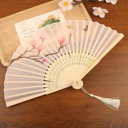 QUẠT CỔ TRANG HOA MỘC LAN - Quạt Xếp Vải Lụa Hồng Bạch Thanh Lịch 21cm Đạo Cụ Chụp Ảnh Cổ Điển Phối Sườn Xám Hán Phục 3