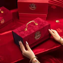 VALI NẠP TÀI NHUNG ĐÍNH CHARM CHỮ HỶ TRÒN - Hộp Đựng Sính Lễ Trang Sức Của Hồi Môn Khóa Gài Đóng Nắp Lễ Cưới Hỏi 3