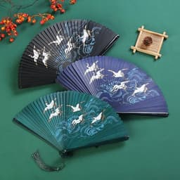 Quạt Xếp Cầm Tay Cổ Trang Vân Hạc Vũ Hải - Quạt Chim Hạc Lướt Sóng Nan Gỗ Tre Dây Tuyến Phong Cách Trung Hoa Cổ Điển 3
