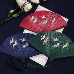 Quạt Xếp Cầm Tay Cổ Trang Vân Hạc Vũ Hải - Quạt Chim Hạc Lướt Sóng Nan Gỗ Tre Dây Tuyến Phong Cách Trung Hoa Cổ Điển 4