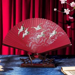 Quạt Xếp Cầm Tay Cổ Trang Vân Hạc Vũ Hải - Quạt Chim Hạc Lướt Sóng Nan Gỗ Tre Dây Tuyến Phong Cách Trung Hoa Cổ Điển 5