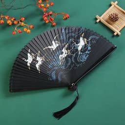 Quạt Xếp Cầm Tay Cổ Trang Vân Hạc Vũ Hải - Quạt Chim Hạc Lướt Sóng Nan Gỗ Tre Dây Tuyến Phong Cách Trung Hoa Cổ Điển 6