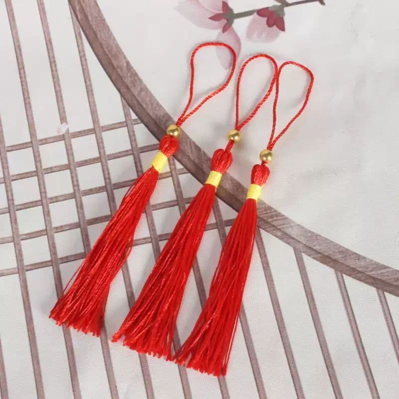 Dây Treo Tua Rua Đỏ Gắn Hạt VÀNG Mini Phụ Kiện DIY Trang Trí Ô Cổ Trang, Bookmark, Lì Xì, Hộp Quà Handmade