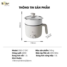 Nồi Lẩu Mini Bear DRG-C12K1, 1.2Lit - 600w, Kèm Xửng Hấp, Màu Sắc Hiện Đại, Núm Cơ Dễ SD 8