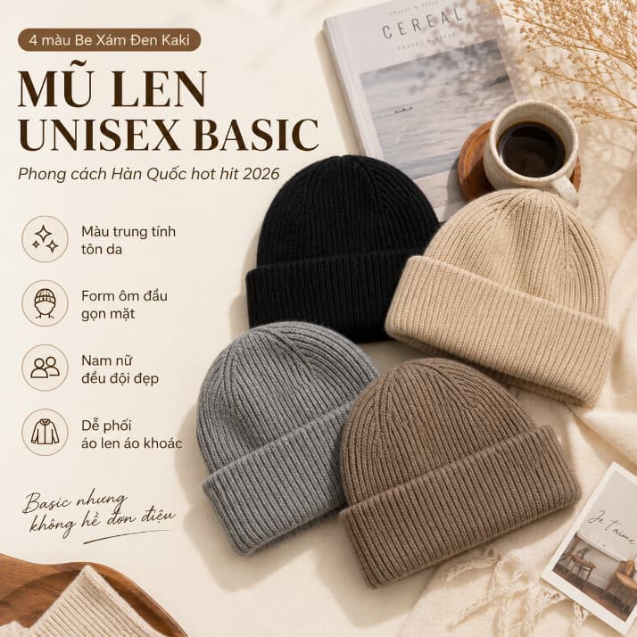 Mũ Len Hàn Quốc Vintage Mềm Ấm Cho Mùa Đông Unisex Dễ Phối Đồ Be Kaki Xám Đen 55-59cm