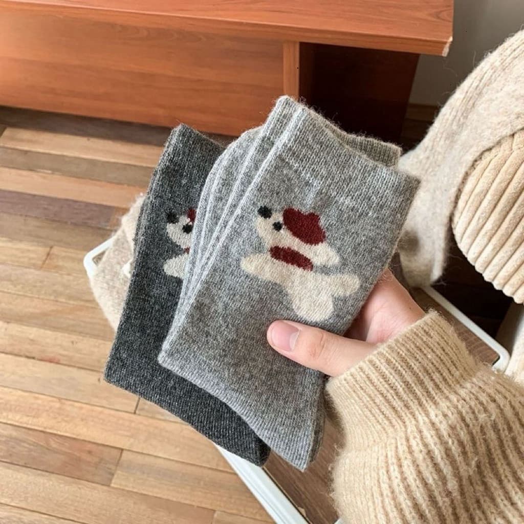Set 5 Đôi Tất Nữ Cổ Cao Thêu Họa Tiết Cún Mũ Đỏ Hot hit Thu Đông tt90