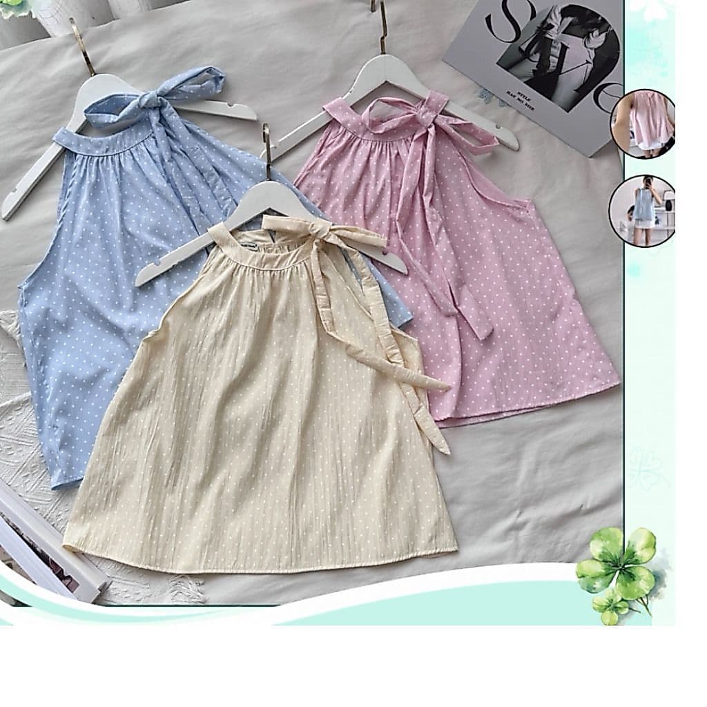 Áo Kiểu Nữ Cổ Yếm Thắt Nơ Hoạ Tiết Chấm Bi Form Rộng Dễ Thương - Fashion 73