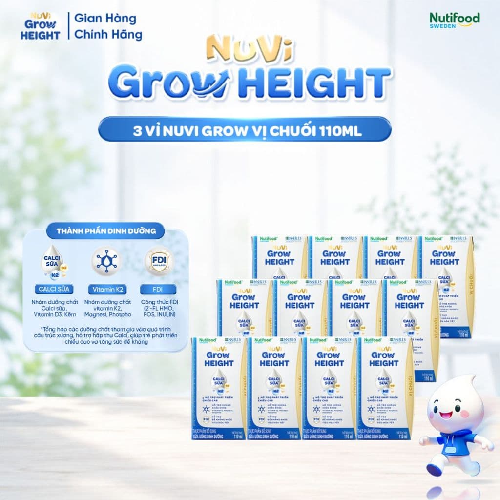 Sữa Nước Nuvi Grow Height (12 Hộp 110m Vị Chuối ) - Hỗ Trợ Phát Triển Chiều Cao