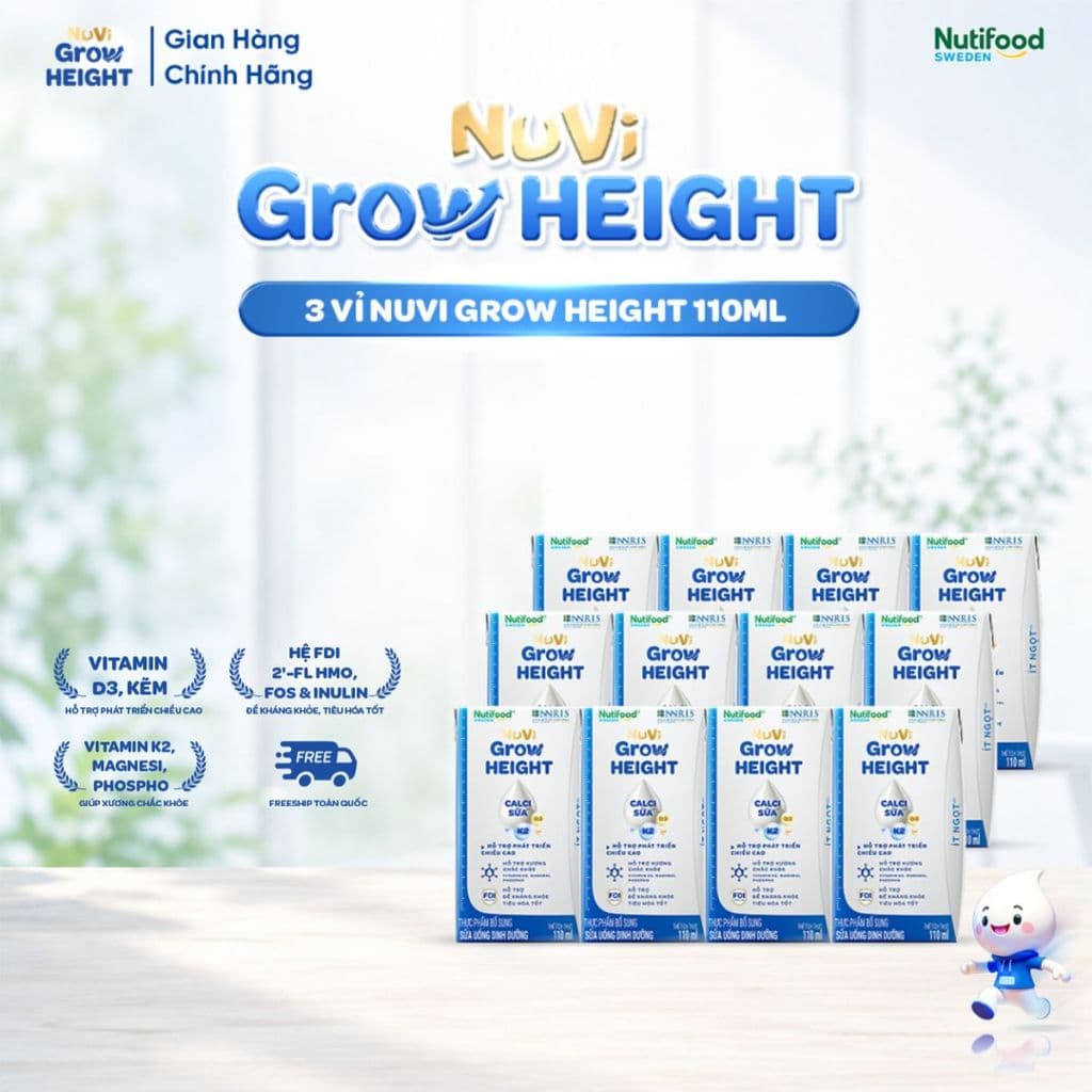 Sữa Nước Nuvi Grow Height (12 Hộp 110m Ít Ngọt ) - Hỗ Trợ Phát Triển Chiều Cao