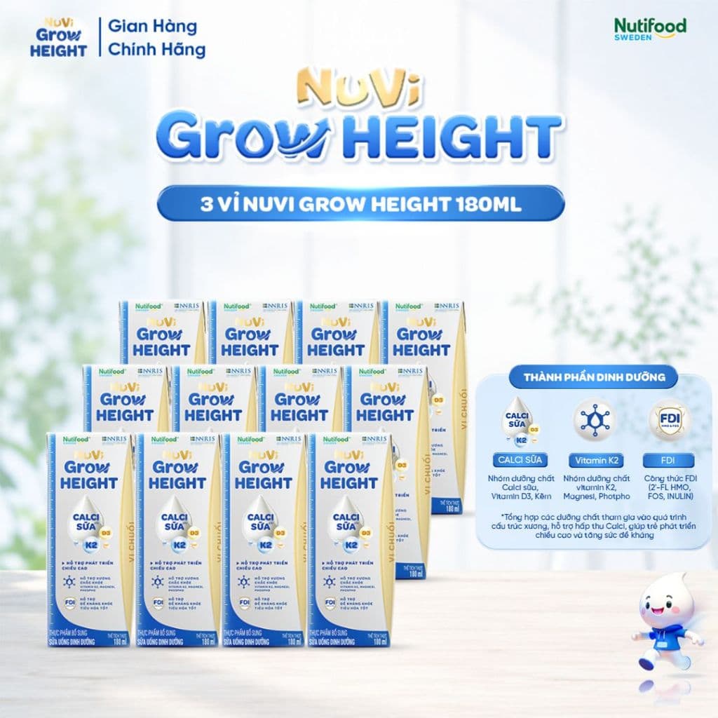 Sữa Nước Nuvi Grow Height (12 Hộp 180m Vị Chuối ) - Hỗ Trợ Phát Triển Chiều Cao