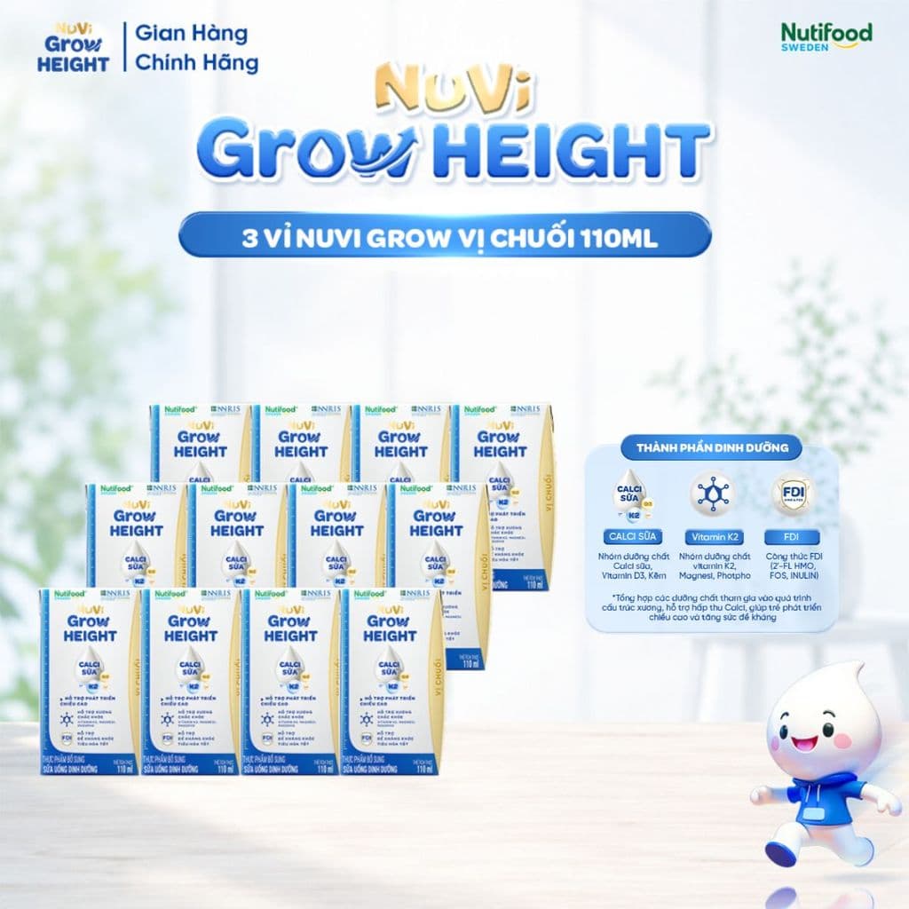 Sữa Nước Nuvi Grow Height (12 Hộp 110m Vị Chuối ) - Hỗ Trợ Phát Triển Chiều Cao, Bổ Sung Dinh Dưỡng