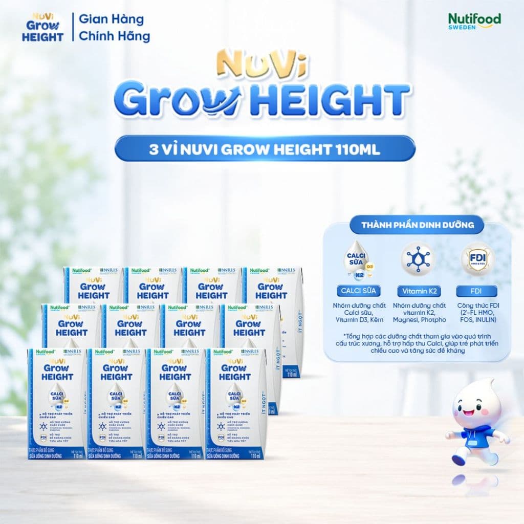 Sữa Nước NuVi Grow Height 110ml Ít Ngọt (12 Hộp)– Dinh Dưỡng Mỗi Ngày Cho Bé