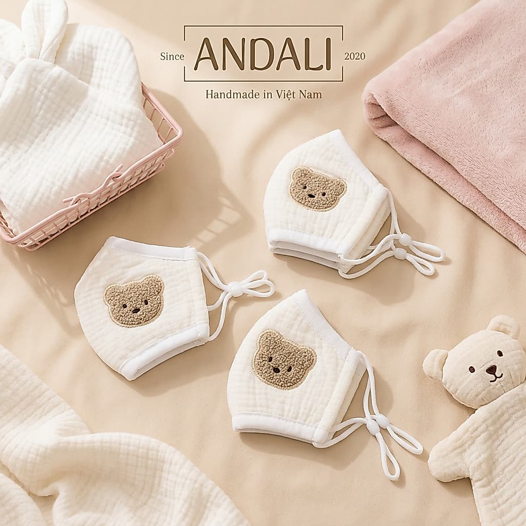 Khẩu Trang Thêu Gấu Cho Bé Từ 2 Tuổi |Khẩu Trang Vải Cotton Mềm Mại, Dây Rút Điều Chỉnh Kích Thước, Thoáng Khí Dễ Thương