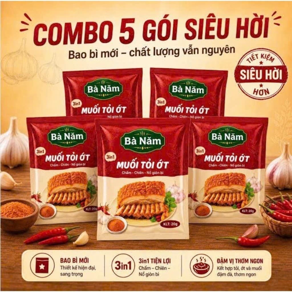 Combo 5 gói muối ớt bà Năm giòn bì thơm ngon dokhogiasi