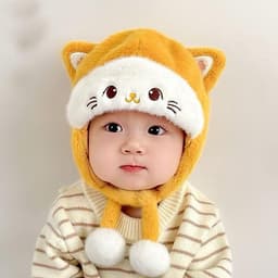 Mũ len tai mèo thỏ cho bé - Mũ có kèm dây buộc và bông pom 3