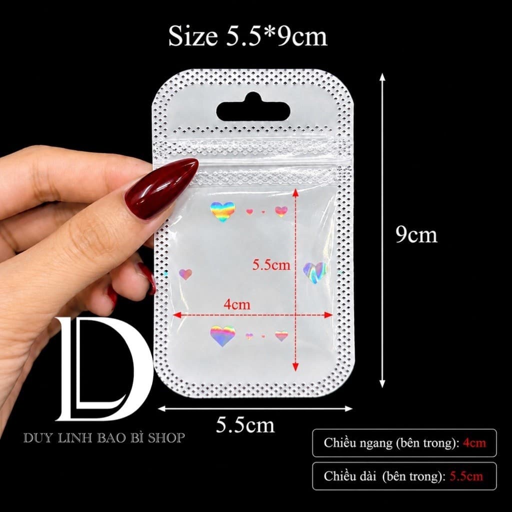 (10 cái) Túi Zip trắng tim có lỗ treo Đựng Trang Sức, Túi hologram 1 mặt màu trắng lấp lánh trái tim, 1 mặt trong…